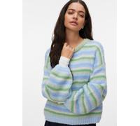 Strickpullover VERO MODA "VMMAYBE STRIPE LS O-NECK PULLOVER NOOS", Damen, Gr. L, fog grün stripes:with misteltoe, cashmere blau, brunnera blau, birch, Strick, Obermaterial: 100% Polyester, geringelt, 