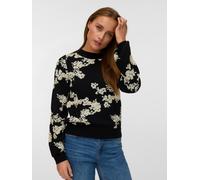 Strickpullover VERO MODA "VMNANCY LS O-NECK PULLOVER BOO", Damen, Gr. S, schwarz (schwarz detail:with birch flower), Strick, Obermaterial: 52% Viskose, 28% Polyester, 20% Nylon, gemustert, regular fit