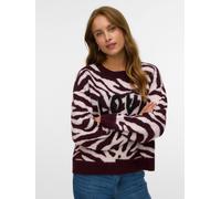 Strickpullover VERO MODA "VMNEWKAI LS O-NECK PULLOVER BOO", Damen, Gr. S, winetasting pattern:with pink dogwood zebra pattern, schwarz text, Strick, Obermaterial: 52% Polyester, 40% Polyacryl, 5% Woll