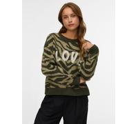 Strickpullover VERO MODA "VMNEWKAI LS O-NECK PULLOVER BOO", Damen, Gr. XS, grün (grape leaf pattern:with mermaid zebra pattern, birch text), Strick, Obermaterial: 52% Polyester, 40% Polyacryl, 5% Woll