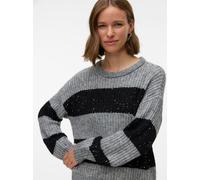Strickpullover VERO MODA "VMSPARKLE LS O-NECK PULLOVER", Damen, Gr. L, medium grau melange detail:with schwarz stripe, silber sequins, Strick, Obermaterial: 67% Polyester, 33% Polyacryl, Glitzerstreif