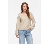 Strickpullover VILA "VILIGA L/S REV V-NECK KNIT TOP - NOOS", Damen, Gr. M, beige (birch detail:melange), Strick, Obermaterial: 97% Polyester, 3% Elasthan, meliert, regular fit normal, V-Ausschnitt, Ri