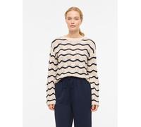Strickpullover VILA "VIWAVE O-NECK LS POINTELLE KNIT TOP-NOOS", Damen, Gr. L, beige (birch stripes:navy blazer), Strick, Obermaterial: 100% Baumwolle, gestreift, relaxed fit normal, Rundhals, Rippbünd