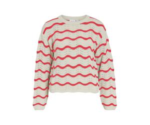 Strickpullover VILA "VIWAVE O-NECK LS POINTELLE KNIT TOP-NOOS", Damen, Gr. XS, birch stripes:hibiscus, Strick, Obermaterial: 100% Baumwolle, gestreift, relaxed fit normal, Rundhals, Rippbündchen, Pull