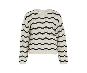 Strickpullover VILA "VIWAVE O-NECK LS POINTELLE KNIT TOP-NOOS", Damen, Gr. XXL, birch stripes:navy blazer, Strick, Obermaterial: 100% Baumwolle, gestreift, relaxed fit normal, Rundhals, Rippbündchen,