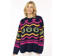 Strickpullover ZWILLINGSHERZ "Cozy Love", Damen, Gr. L/XL, bunt (marine), Grobstrick, Obermaterial: 76% Polyester, 15% Polyamid, 7% Wolle, 2% Elasthan, Pullover Strickpullover, allover Motiv in Neon,