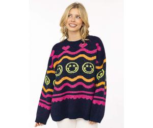 Strickpullover ZWILLINGSHERZ "Cozy Love", Damen, Gr. L/XL, bunt (marine), Grobstrick, Obermaterial: 76% Polyester, 15% Polyamid, 7% Wolle, 2% Elasthan, Pullover Strickpullover, allover Motiv in Neon,