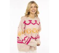 Strickpullover ZWILLINGSHERZ "Cozy Love", Damen, Gr. S/M, rosa (beige), Grobstrick, Obermaterial: 76% Polyester, 15% Polyamid, 7% Wolle, 2% Elasthan, Pullover Strickpullover, allover Motiv in Neon, ov