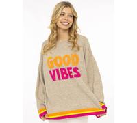 Strickpullover ZWILLINGSHERZ "GOOD VIBES", Damen, Gr. S/M, beige, Grobstrick, Obermaterial: 65% Polyester, 13% Polyacryl, 13% Polyamid, 9% Wolle, Pullover Strickpullover, farbiger Schriftzug, gestreif