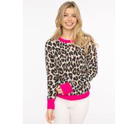 Strickpullover ZWILLINGSHERZ "Leo + colored edges", Damen, Gr. M, beige (hellbeige, neonpink), Strick, Obermaterial: 100% Kaschmir, Pullover Strickpullover, Rundhals,aus reinem Kaschmir mit Leomuster