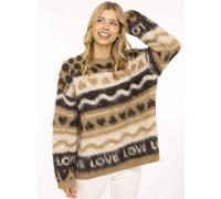 Strickpullover ZWILLINGSHERZ "LEO LOVE", Damen, Gr. L/XL, braun (mittelbeige), Grobstrick, Obermaterial: 76% Polyester, 15% Polyamid, 7% Wolle, 2% Elasthan, Pullover Strickpullover, auffallender Muste