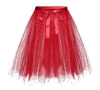Strickrock Damen,Tüllrock Damen Party Schwarz Mesh Rock Tütü Erwachsene Karneval Petticoat Faltenrock Elegant Netzstoff Unterrock Abschlussball Elastische Ballettrock Midirock Rot C