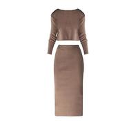 Strickrock Und Pullover Set - Strickkleid Damen Winter Frühling Outfit 2 | Anzug Elegante Pulloverkleid Rippstrick Damenmode Oberteil Kurz Pullover Y2K Rock Langarm Strickpullover Lang Midiro