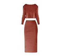 Strickrock Und Pullover Set - Strickkleid Damen Winter Frühling Outfit 2 Teiler Anzug Elegante Pulloverkleid Rippstrick Damenmode Oberteil Kurz Pullover Y2K Rock Langarm Strickpullover Lang Midirock