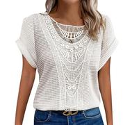 Strickshirt Damen Kurzarm T Shirt mit V-Ausschnitt Sexy Lochstickerei Tunika Bluse Shirt Leichte Vintage Sommershirt Frauen Hemdbluse Elegant Oberteil Tee Tops