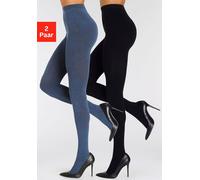 Strickstrumpfhose LASCANA "Warme Damen glatt gestrickte Baumwoll Strumpfhose", Damen, Gr. 40/42, blau (1x jeans meliert, 1x schwarz), Obermaterial: 70% Baumwolle, 28% Polyamid, 2% Elasthan, unifarben,