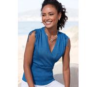 Stricktop LASCANA, Damen, Gr. 32/34, blau, Feinstrick, Obermaterial: 38% Viskose, 28% Polyester, 22% Polyamid, 12% metallisierte Fasern, unifarben, leicht glänzend, modisch, figurbetont hüftlang, V-Au