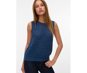Stricktop VERO MODA "VMJAQUELINE SL O-NECK TOP BOO", Damen, Gr. S, schwarz denim, Obermaterial: 60% Baumwolle, 40% Polyacryl, unifarben, regular fit normal, Rundhals, Tops Stricktop, mit zartem Ajourm