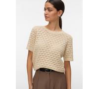 Stricktop VERO MODA "VMJAQUELINE SS O-NECK TOP BOO", Damen, Gr. S, birch, Obermaterial: 60% Baumwolle, 40% Polyacryl, unifarben, regular fit normal, Rundhals, Tops Stricktop, mit zartem Muster (441712