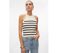 Stricktop VERO MODA "VMSABA RIB SL O-NECK TOP GA NOOS", Damen, Gr. XS (34), beige (birch stripes:w schwarz), Strick, Obermaterial: 50% Viskose, 28% Polyester, 22% Nylon, gestreift, regular fit taillen