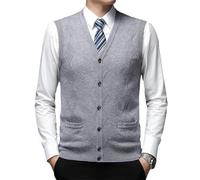 Strickweste aus 100 % Merinowolle, einfarbig, V-Ausschnitt, Strickjacke für Herren, hellgrau, XX-Large