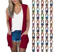 Strickweste Damen Ärmellos, Weste Damen Sommer Leicht Strick Cardigan Kurz Rot Strickjacke Elegant Strickcardigan Ohne Ärmel Mantel Mit Taschen Sweater Einfarbig Feinstrickjacke Dünn Strickjacken