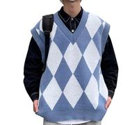 Strickweste Herren Ärmellos,Herren Strickwesten Vintage Preppy Style Blau Argyle Plaid Locker V-Ausschnitt Herbst Winter Warm Ärmellos Strick Pullover Weste Pullover Weste Stricken Tank Tops Bluse