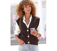 Strickweste LASCANA "Amira", Damen, Gr. 44/46, dunkelbraun, Strick, Obermaterial: 60% Baumwolle, 40% Polyacryl, unifarben, figurumspielend taillenbedeckt, tiefer V-Ausschnitt, Westen, mit goldenen Knö