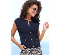 Strickweste LASCANA, Damen, Gr. 32/34, blau (navy), Strick, Obermaterial: 60% Baumwolle, 40% Polyacryl, unifarben, modisch, figurumspielend hüftlang, Rundhals, Westen, mit Knopfleiste, ärmelloser Stri