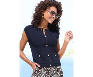 Strickweste LASCANA, Damen, Gr. 40/42, blau (navy), Strick, Obermaterial: 60% Baumwolle, 40% Polyacryl, unifarben, figurumspielend hüftlang, Rundhals, Westen Strickweste, mit Knopfleiste, ärmelloser S