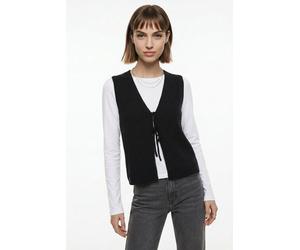 Strickweste PIECES "PCBREE SL TIE KNIT VEST NOOS BC", Damen, Gr. XS, schwarz, Strick, Obermaterial: 80% Polyester, 20% Nylon, unifarben, regular fit normal, V-Ausschnitt, Westen Strickweste, mit Binde