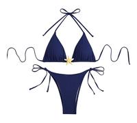 String Bikini Damen Ties-up Neckholder klassischer Triangel Bikinioberteil Einfarbig Brust Seestern Zweiteiliger Badeanzug Sexy Brazilian Bikinihose mit Seitlichen Schnürung Navy L