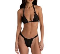 String Damen Tanga Neckholder Triangel Gepolstert Triangel Bikini Einfarbig Badeanzüg Zweiteiliger Sexy String Badeanzug Black S