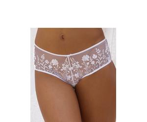 Stringpanty LASCANA "Maria", Damen, Gr. 32/34, weiß (uni weiß), Mesh, Spitze, Obermaterial: 76% Polyamid, 21% Polyester, 3% Elasthan, figurbetont, Unterhosen, mit Blumen aus Stickereispitze, als Desso