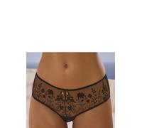 Stringpanty LASCANA "Maria", Damen, Gr. 36/38, schwarz (uni schwarz), Mesh, Obermaterial: 76% Polyamid, 21% Polyester, 3% Elasthan, figurbetont, Unterhosen, mit bunten Blumen aus Stickereispitze (4870