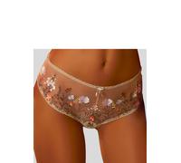 Stringpanty LASCANA "Maria", Damen, Gr. 52/54, braun (toffee, bunt), Mesh, Obermaterial: 76% Polyamid, 21% Polyester, 3% Elasthan, figurbetont, Unterhosen, mit bunten Blumen aus Stickereispitze (81657