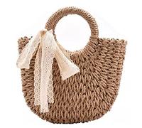 Stroh Strandtasche Strohtasche Frauen Stroh Gewebte Umhängetasche Handgewebte Handtasche Rattan Tasche Kordelzug Lässige Reise Strand Umhängetasche Korbtaschen Geflochten Strohsack ( Blue : Bronze , S