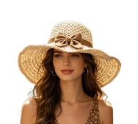 Strohhüte für Damen - UV-Schutz, breite Krempe, faltbar | Vintage Gehäkelter Sonnenhut | Elegante handgewebte Rüschenmütze mit Schleife | Atmungsaktive, faltbare Sommerkopfbedeckung für den Urlaub