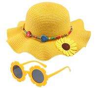 Strohhut für Mädchen, mit Blume, runde Sonnenbrille, Sommer, faltbar, große Krempe, Sonnenblume, Schleife, Strand, Kleinkind, Strohhut, 2-6T, gelb, 2-6 Jahre