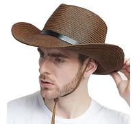 Strohhut Herren Cowboyhut Stroh Westernhut Faltbarer Panamahut mit Kinnriemen Breite Krempe Sonnenhut Anti-UV Sonnenschutz Strandhut Atmungsaktiver Sommerhut Strohkappe für Outdoor Strand Urlaub