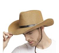 Strohhut Herren Cowboyhut Stroh Westernhut Faltbarer Panamahut mit Kinnriemen Breite Krempe Sonnenhut Anti-UV Sonnenschutz Strandhut Atmungsaktiver Sommerhut Strohkappe für Outdoor Strand Urlaub