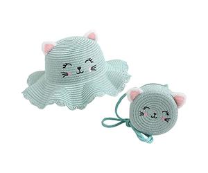 Strohhut Mini Tasche Set, Mädchen Sommer Sonnenhut,Kleine Umhängetasche für Mädchen,Mädchen Strohhut,Sommer Blumen Sonnenhut, Visier Sonnenhut,Kinder Strohhut Kleine Tasche (2-Mint Green, One Size)