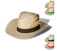 Strohhut 'Texas' Unisex - Vielseitiger Sonnenhut für Damen und Herren - stylischer Cowboyhut mit Klettverschlussband als Hingucker - Perfekt für Garten, Strand und Urlaub, Farbe:natur/braun