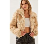 Strukturierte Kunstfell-Cropped Jacke mit Reißverschlusskragen M
