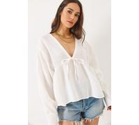 Strukturierte V-Ausschnitt-Crop-Bluse mit Schleife M