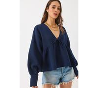 Strukturierte V-Ausschnitt-Crop-Bluse mit Schleifenband L
