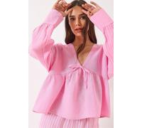 Strukturierte V-Ausschnitt-Crop-Bluse mit Schleifenband S
