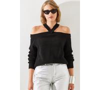Strukturierter Rundhals-Pullover mit langen Ärmeln und Cut-Out-Details S/M