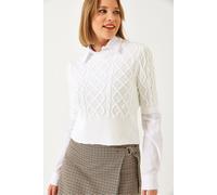 Strukturierter Strick-Crop-Pullover mit Hemdkragen S/M