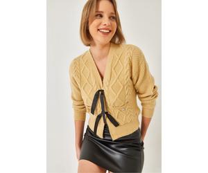 Strukturierter V-Ausschnitt Kurz-Cardigan mit Pompon S/M